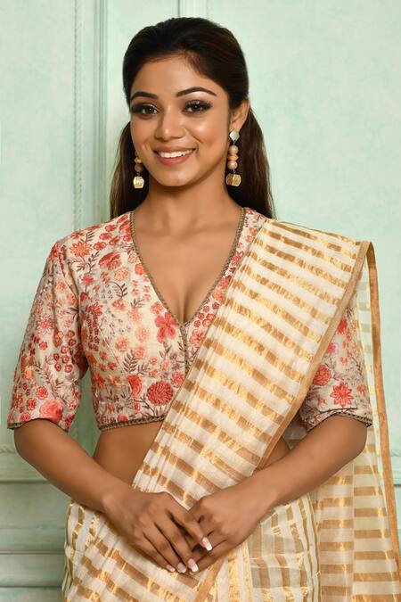 Pranay Baidya_Ivory Chanderi, Lining Cotton Silk Thread Work Plunge Floral Embroidered Blouse _Online_at_Aza_Fashions