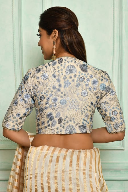 Shop_Pranay Baidya_Blue Chanderi, Lining Cotton Silk Thread Work Plunge Floral Embroidered Blouse _at_Aza_Fashions