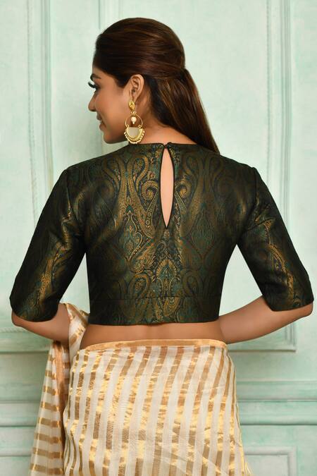 Shop Pranay Baidya Green Brocade, Lining Cotton Silk Paisley Boat Neck Woven Blouse at Aza Fashions Shop_Pranay Baidya_Green Brocade, Lining Cotton Silk Paisley Boat Neck Woven Blouse _at_Aza_Fashions
