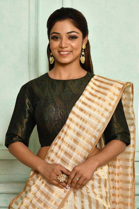 Pranay Baidya Green Brocade, Lining Cotton Silk Paisley Boat Neck Woven Blouse Online at Aza Fashions Pranay Baidya_Green Brocade, Lining Cotton Silk Paisley Boat Neck Woven Blouse _Online_at_Aza_Fashions