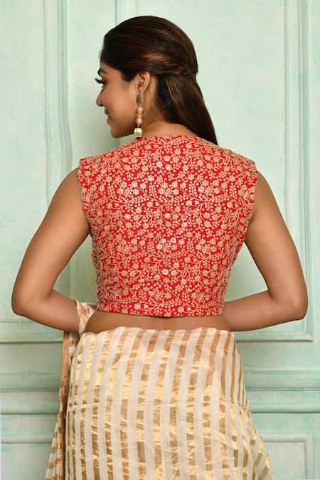 Shop_Pranay Baidya_Red Chanderi, Lining Cotton Silk Floral, Sequin V Neck Embroidered Blouse _at_Aza_Fashions