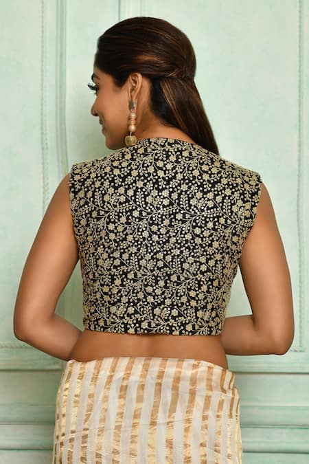 Shop Pranay Baidya Black Dupion , Lining Cotton Floral, Sequin V Neck Embroidered Blouse at Aza Fashions Shop_Pranay Baidya_Black Dupion , Lining Cotton Floral, Sequin V Neck Embroidered Blouse _at_Aza_Fashions