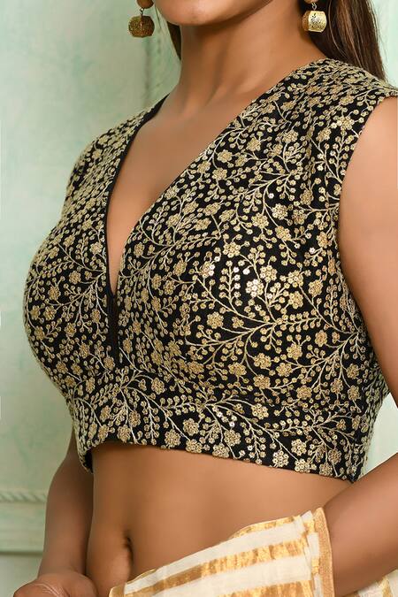 Shop Pranay Baidya Black Dupion , Lining Cotton Floral, Sequin V Neck Embroidered Blouse Online at Aza Fashions Shop_Pranay Baidya_Black Dupion , Lining Cotton Floral, Sequin V Neck Embroidered Blouse _Online_at_Aza_Fashions