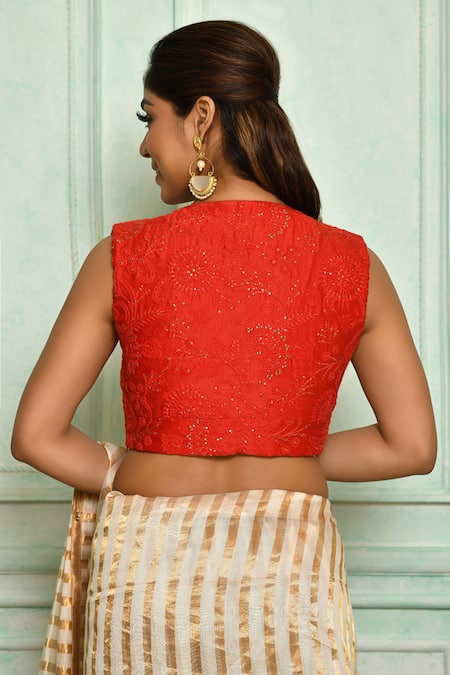 Shop Pranay Baidya Red Dupion , Lining Cotton Floral, Thread V Neck Embroidered Blouse at Aza Fashions Shop_Pranay Baidya_Red Dupion , Lining Cotton Floral, Thread V Neck Embroidered Blouse _at_Aza_Fashions