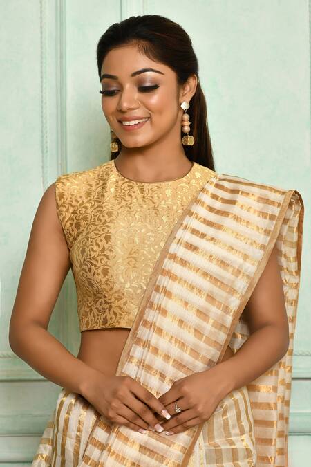 Pranay Baidya_Gold Brocade, Lining Cotton Silk Floral Round Woven Blouse _Online_at_Aza_Fashions