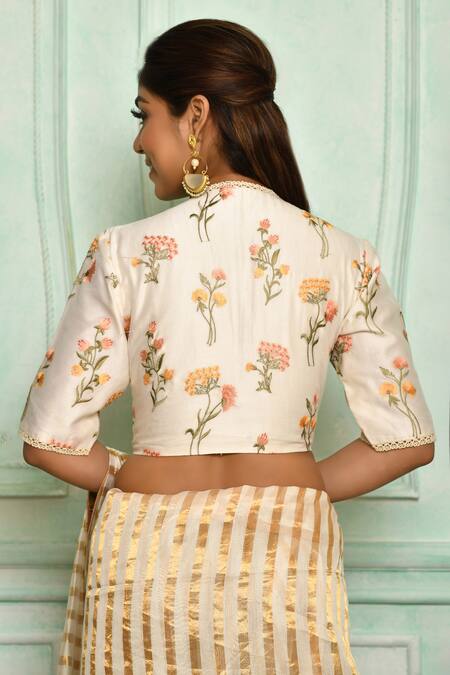 Shop_Pranay Baidya_White Chanderi, Lining Cotton Silk Floral V Neck Embroidered Blouse _at_Aza_Fashions