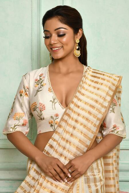 Pranay Baidya_White Chanderi, Lining Cotton Silk Floral V Neck Embroidered Blouse _Online_at_Aza_Fashions