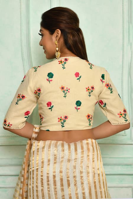Shop Pranay Baidya Ivory , Lining Silk Floral V Neck Embroidered Blouse at Aza Fashions Shop_Pranay Baidya_Ivory , Lining Silk Floral V Neck Embroidered Blouse _at_Aza_Fashions