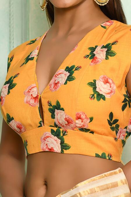 Shop_Pranay Baidya_Yellow , Lining Silk Floral V Neck Print Blouse _Online_at_Aza_Fashions