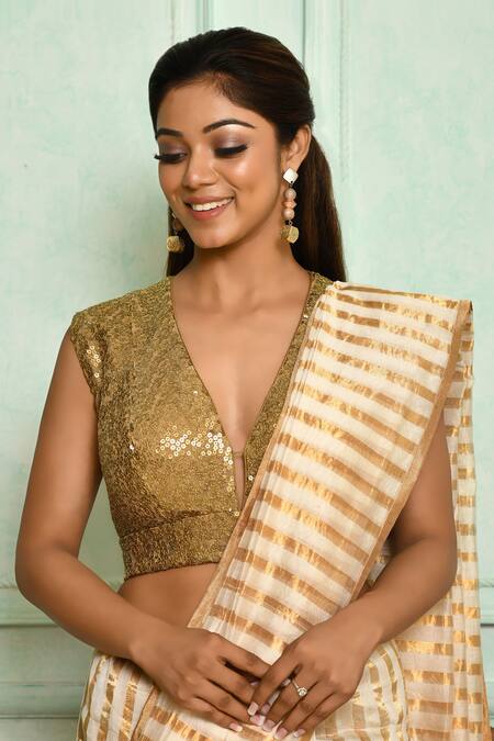 Pranay Baidya_Gold , Lining Silk Sequin V Neck Embroidered Blouse _Online_at_Aza_Fashions