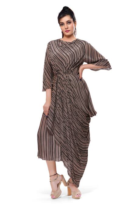 Preeti Jhawar_Brown Crepe Round Draped Midi Dress_Online_at_Aza_Fashions