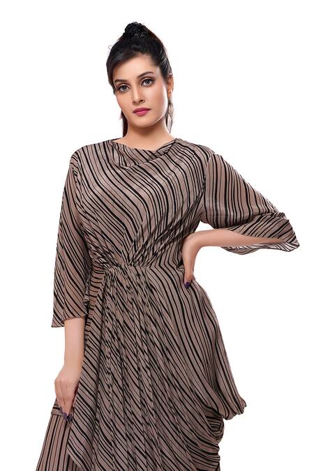 Buy_Preeti Jhawar_Brown Crepe Round Draped Midi Dress_Online_at_Aza_Fashions