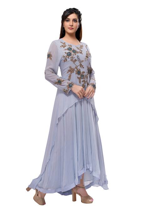 Preeti Jhawar_Blue Gown Chiffon Top Georgette Gown Round A-line Tunic With Embroidered_Online_at_Aza_Fashions