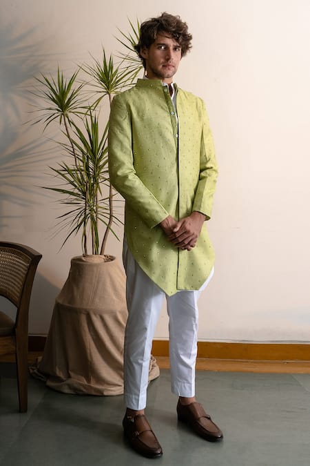 Project Bandi Green Chanderi Silk Mirror , Buti Embellished Achkan And Kurta Set