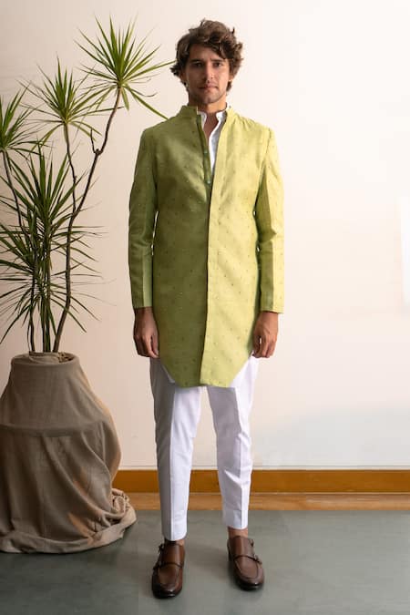 Shop Project Bandi Green Chanderi Silk Mirror , Buti Embellished Achkan And Kurta Set at Aza Fashions Shop_Project Bandi_Green Chanderi Silk Mirror , Buti Embellished Achkan And Kurta Set _at_Aza_Fashions