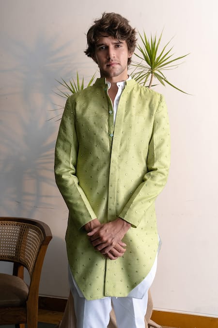 Project Bandi Green Chanderi Silk Mirror , Buti Embellished Achkan And Kurta Set Online at Aza Fashions Project Bandi_Green Chanderi Silk Mirror , Buti Embellished Achkan And Kurta Set _Online_at_Aza_Fashions