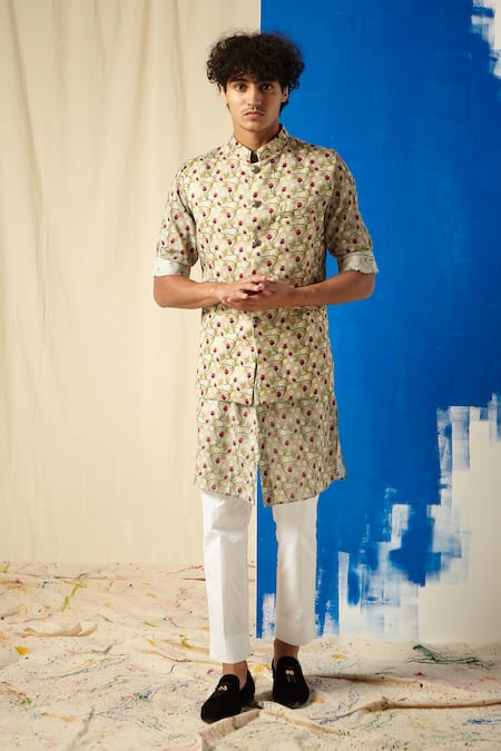 Project Bandi Grey Cotton Printed Bundi And Kurta Set