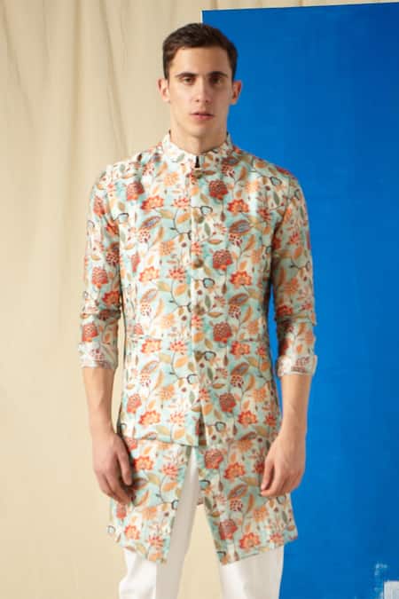 Project Bandi Blue Cotton Printed Bundi And Kurta Set