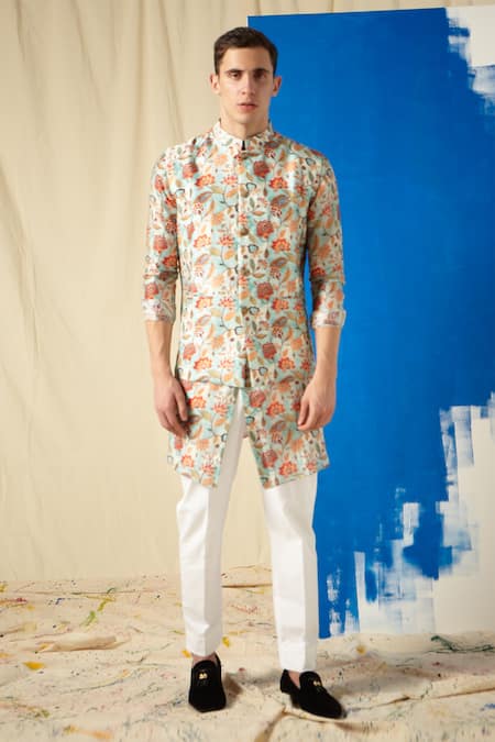 Project Bandi Blue Cotton Printed Bundi And Kurta Set Online at Aza Fashions Project Bandi_Blue Cotton Printed Bundi And Kurta Set _Online_at_Aza_Fashions