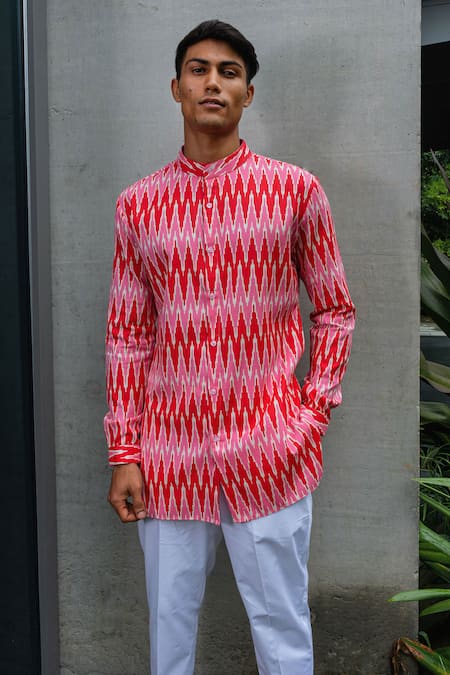 Project Bandi Red Cotton Ikat Print Short Kurta 