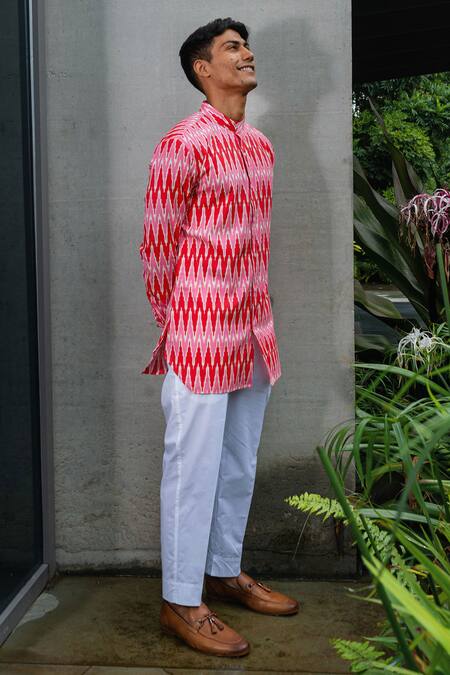 Project Bandi_Red Cotton Ikat Print Short Kurta _Online_at_Aza_Fashions