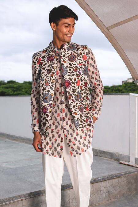 Project Bandi_White Cotton Floral Print Bundi _Online_at_Aza_Fashions