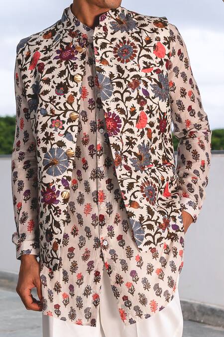 Buy_Project Bandi_White Cotton Floral Print Bundi _Online_at_Aza_Fashions