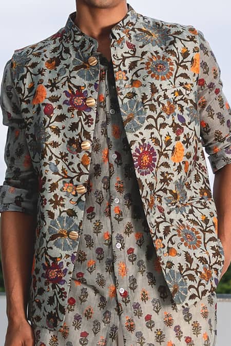 Project Bandi_Grey Cotton Floral Print Bundi _Online_at_Aza_Fashions