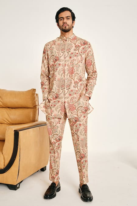 Shop_Project Bandi_Beige Cotton Linen Floral Begum Kurta Set _at_Aza_Fashions