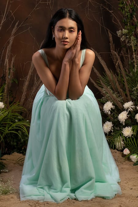 Piyanshu Bajaj_Blue Tulle V Neck Corset Flared Gown_Online_at_Aza_Fashions