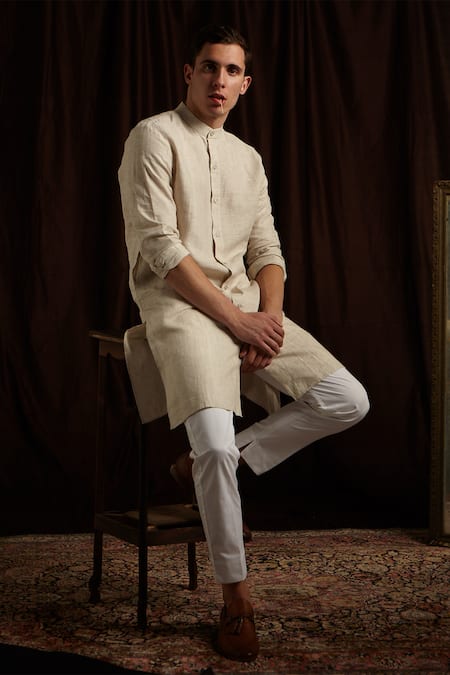 Shop Project Bandi Beige Linen Kurta And Pant Set at Aza Fashions Shop_Project Bandi_Beige Linen Kurta And Pant Set _at_Aza_Fashions