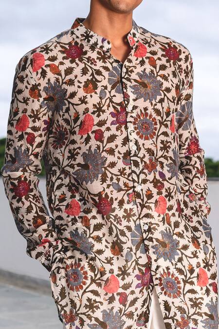 Project Bandi_White Cotton Floral Print Shirt Kurta And Pant Set_Online_at_Aza_Fashions