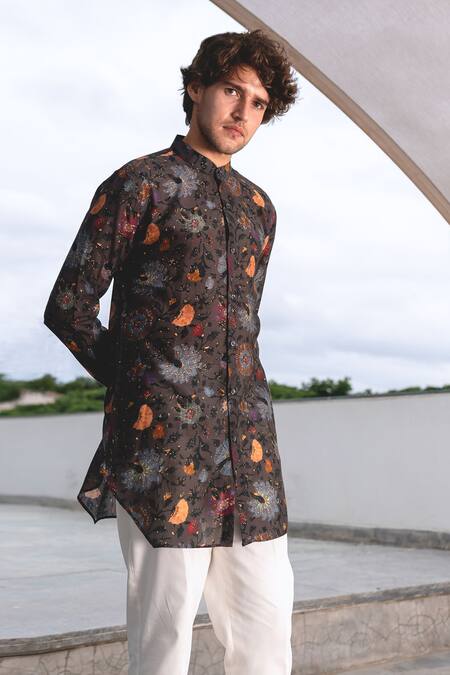 Shop_Project Bandi_Grey Cotton Floral Print Short Kurta_at_Aza_Fashions