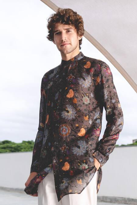 Project Bandi_Grey Cotton Floral Print Short Kurta_Online_at_Aza_Fashions