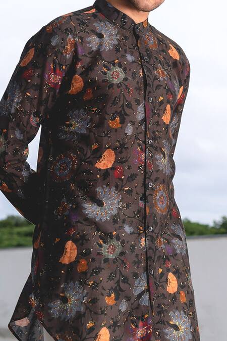 Buy_Project Bandi_Grey Cotton Floral Print Short Kurta_Online_at_Aza_Fashions