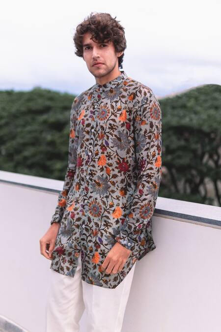Shop_Project Bandi_Grey Cotton Floral Print Short Kurta _at_Aza_Fashions