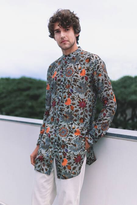 Project Bandi_Grey Cotton Floral Print Short Kurta _Online_at_Aza_Fashions
