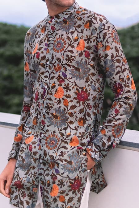 Buy_Project Bandi_Grey Cotton Floral Print Short Kurta _Online_at_Aza_Fashions