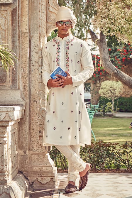 Nitesh Singh Chauhan Beige Cotton Silk Hand Embroidered Kurta Set 