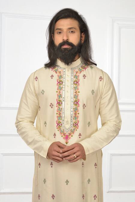 Nitesh Singh Chauhan Beige Cotton Silk Hand Embroidered Kurta Set at Aza Fashions Nitesh Singh Chauhan_Beige Cotton Silk Hand Embroidered Kurta Set _at_Aza_Fashions