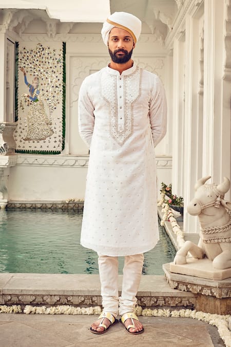 Nitesh Singh Chauhan White Cotton , Chanderi Blend Embroidered Kurta Set 