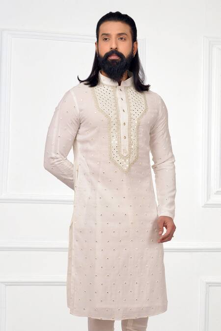 Shop Nitesh Singh Chauhan White Cotton , Chanderi Blend Embroidered Kurta Set Online at Aza Fashions Shop_Nitesh Singh Chauhan_White Cotton , Chanderi Blend Embroidered Kurta Set _Online_at_Aza_Fashions