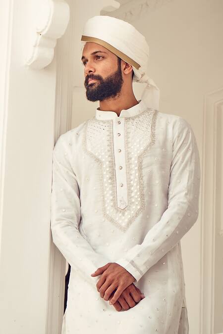 Nitesh Singh Chauhan White Cotton , Chanderi Blend Embroidered Kurta Set at Aza Fashions Nitesh Singh Chauhan_White Cotton , Chanderi Blend Embroidered Kurta Set _at_Aza_Fashions