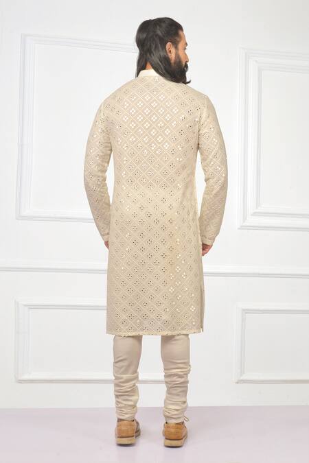 Shop Nitesh Singh Chauhan White Georgette, Cotton Silk Embroidered Kurta Set at Aza Fashions Shop_Nitesh Singh Chauhan_White Georgette, Cotton Silk Embroidered Kurta Set _at_Aza_Fashions