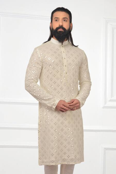 Nitesh Singh Chauhan White Georgette, Cotton Silk Embroidered Kurta Set Online at Aza Fashions Nitesh Singh Chauhan_White Georgette, Cotton Silk Embroidered Kurta Set _Online_at_Aza_Fashions