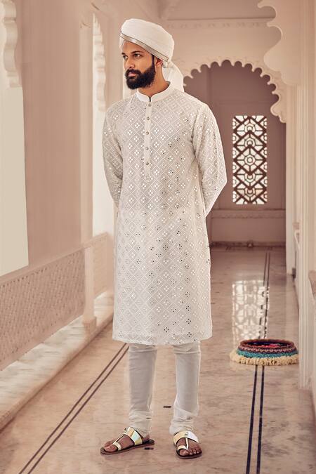 Nitesh Singh Chauhan White Georgette, Cotton Silk Embroidered Kurta Set 