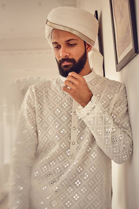 Shop Nitesh Singh Chauhan White Georgette, Cotton Silk Embroidered Kurta Set Online at Aza Fashions Shop_Nitesh Singh Chauhan_White Georgette, Cotton Silk Embroidered Kurta Set _Online_at_Aza_Fashions