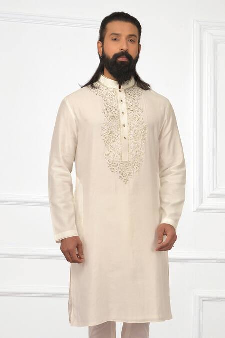 Buy_Nitesh Singh Chauhan_White Cotton , Chanderi Blend Embroidered Kurta Set _Online_at_Aza_Fashions