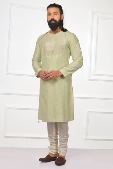 Buy_Nitesh Singh Chauhan_Green Cotton , Chanderi Blend Hand Embroidered Kurta Set _Online_at_Aza_Fashions