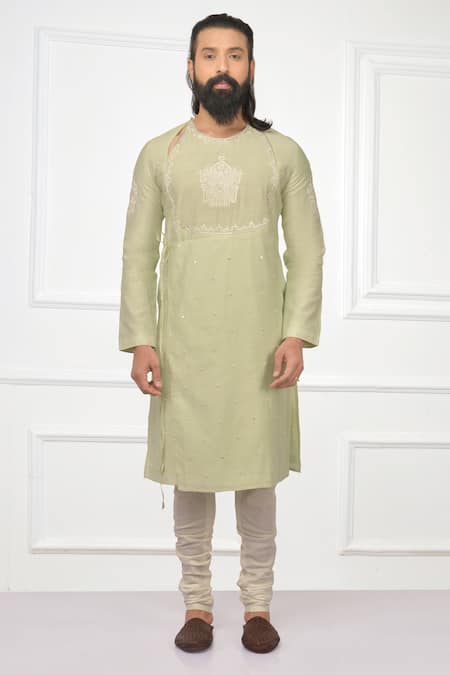Nitesh Singh Chauhan_Green Cotton , Chanderi Blend Hand Embroidered Kurta Set _Online_at_Aza_Fashions